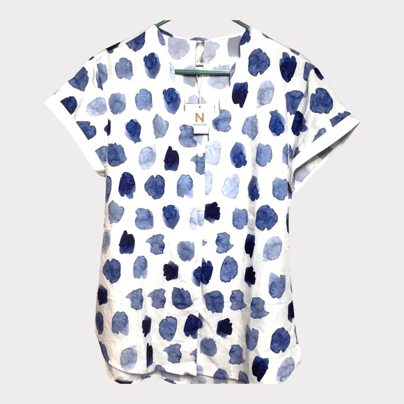 NWT Noracora Blue & White Scalloped V-neck Button Down Blouse, M, Short Sleeve - Picture 1 of 11